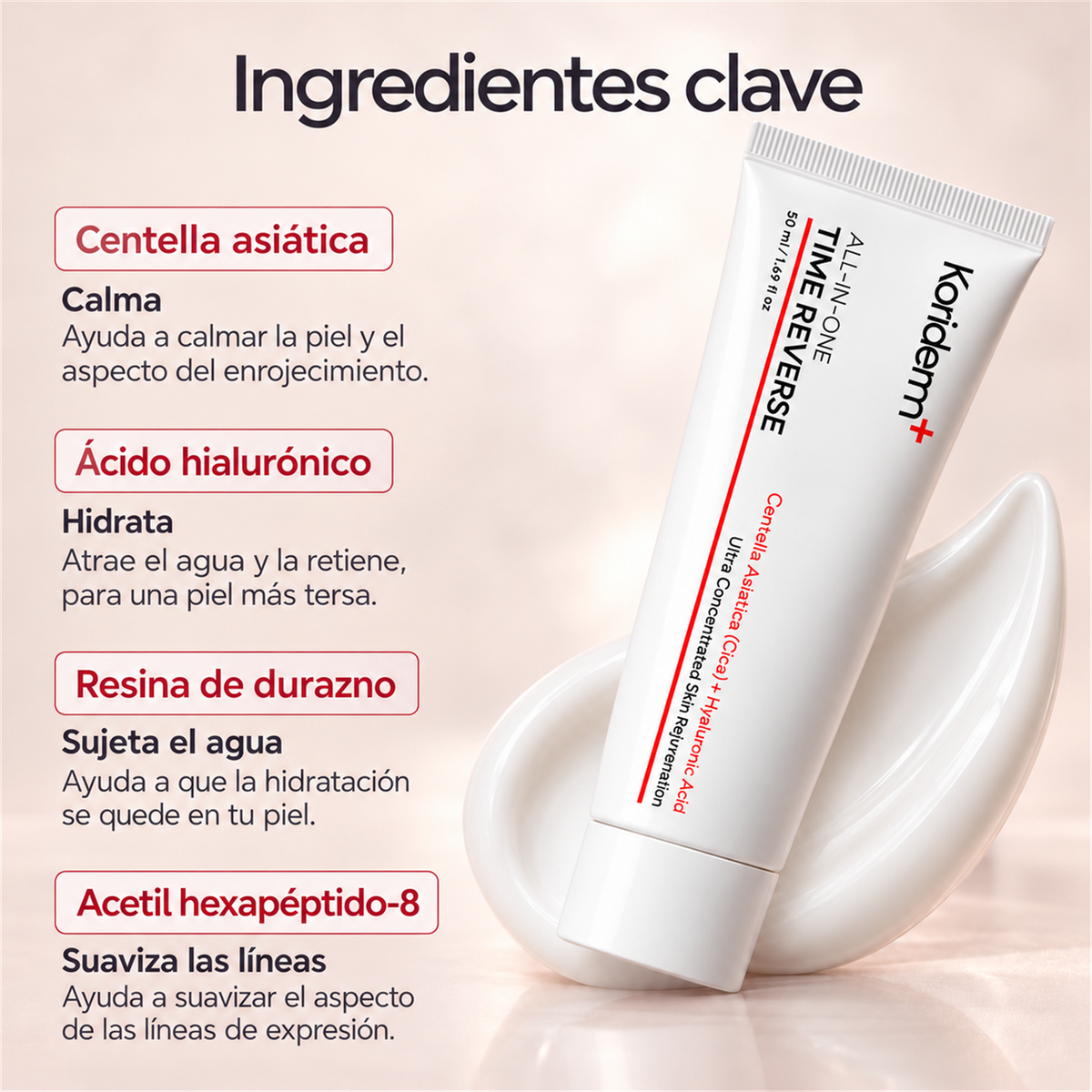 Ingredientes clave: centella, �cido hialur�nico, resina de durazno, acetil hexap�ptido-8