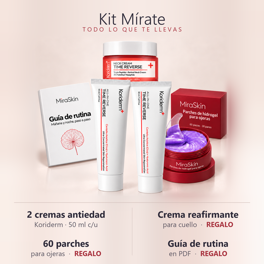 Kit M�rate: 2 cremas antiedad, crema reafirmante para cuello, 60 parches y gu�a de rutina